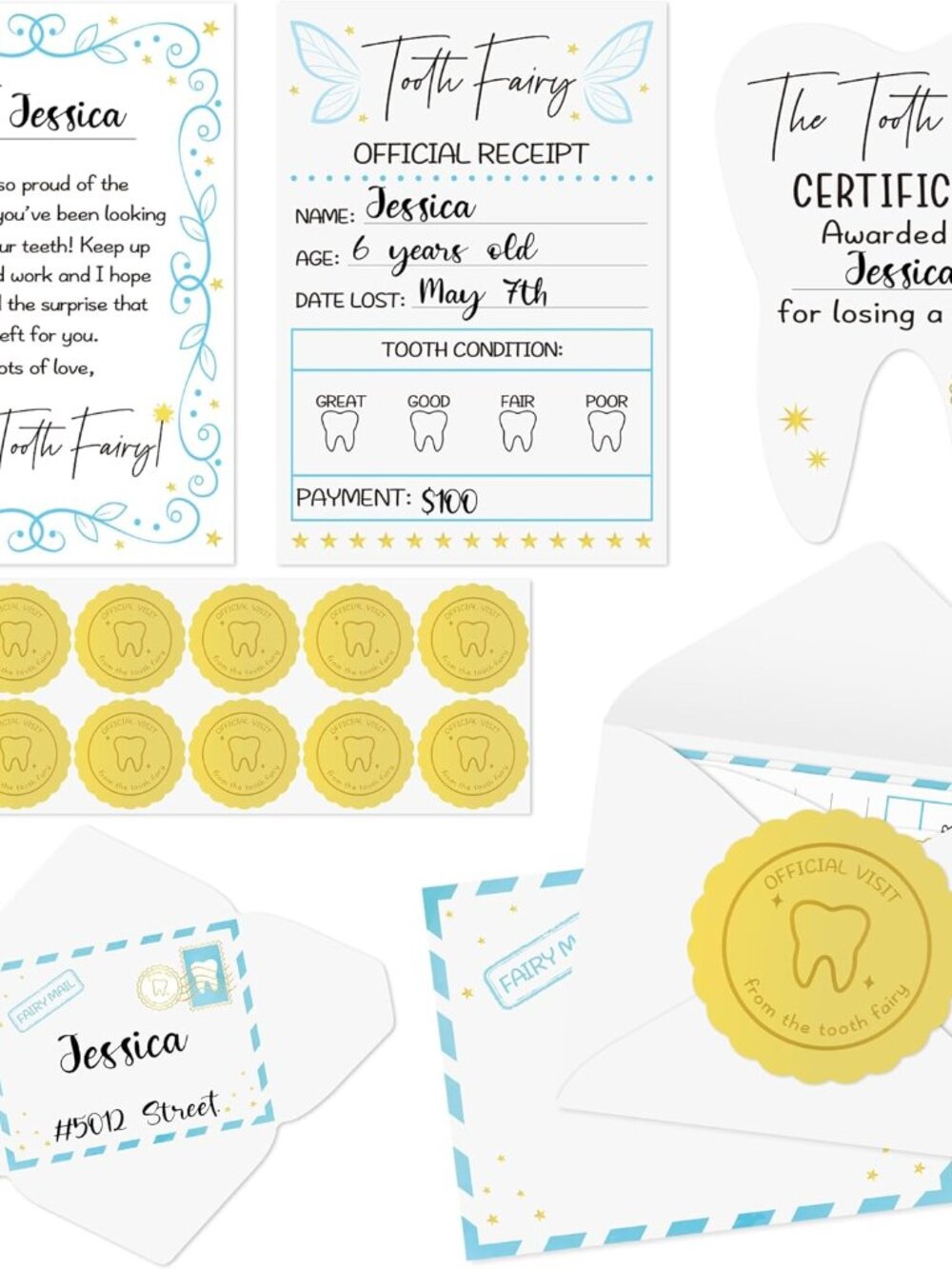 Mini Tooth Receipt Set - 20 Set Blue Tooth Cards with Envelope and Fairy Letter